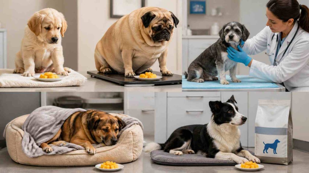 Puppy, overweight dog, diabetic dog, and sensitive dog shown with controlled mango servings.