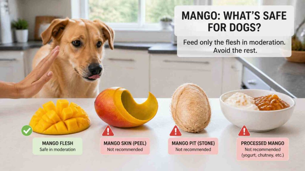 Can dogs eat mango safely? Peeled mango flesh, skin, stone, and processed mango products shown for comparison.