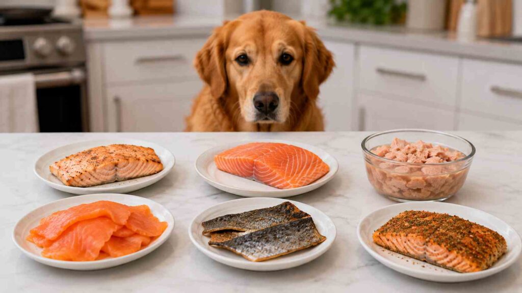 Different forms of salmon including cooked, raw, canned, smoked, skin-on, and seasoned salmon for comparison