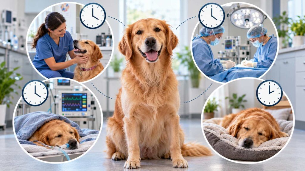 How Long Does It Take to Spay a Dog? timeline showing surgery, clinic monitoring and home recovery