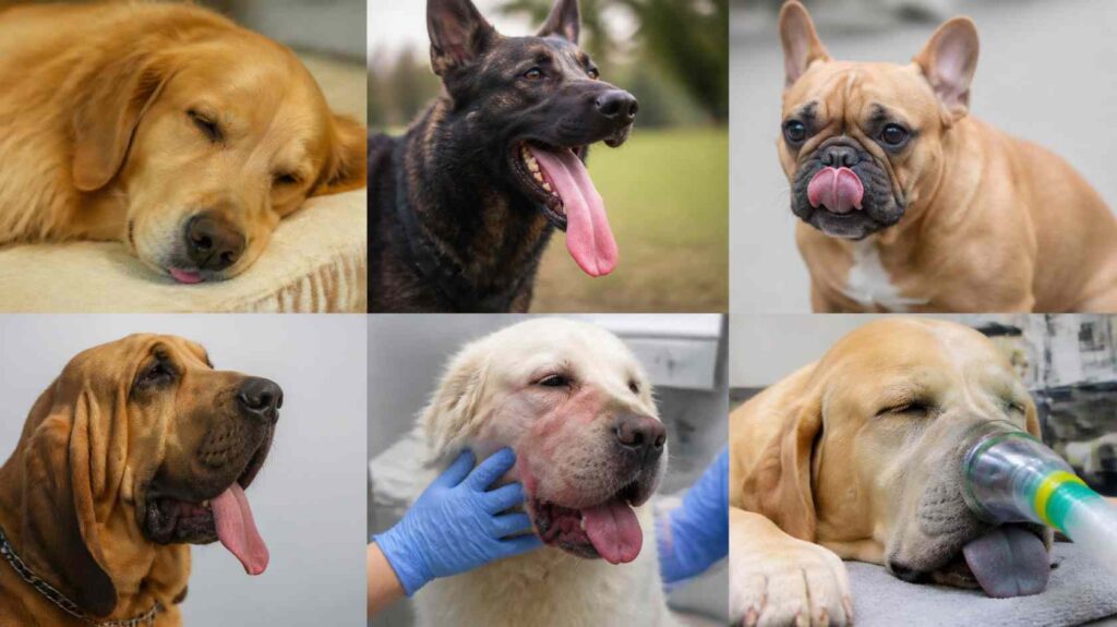 Comparison of six dog tongue-out patterns, including sleeping blep, normal panting, tongue flicking, hanging tongue, swelling, and emergency tongue color changes.