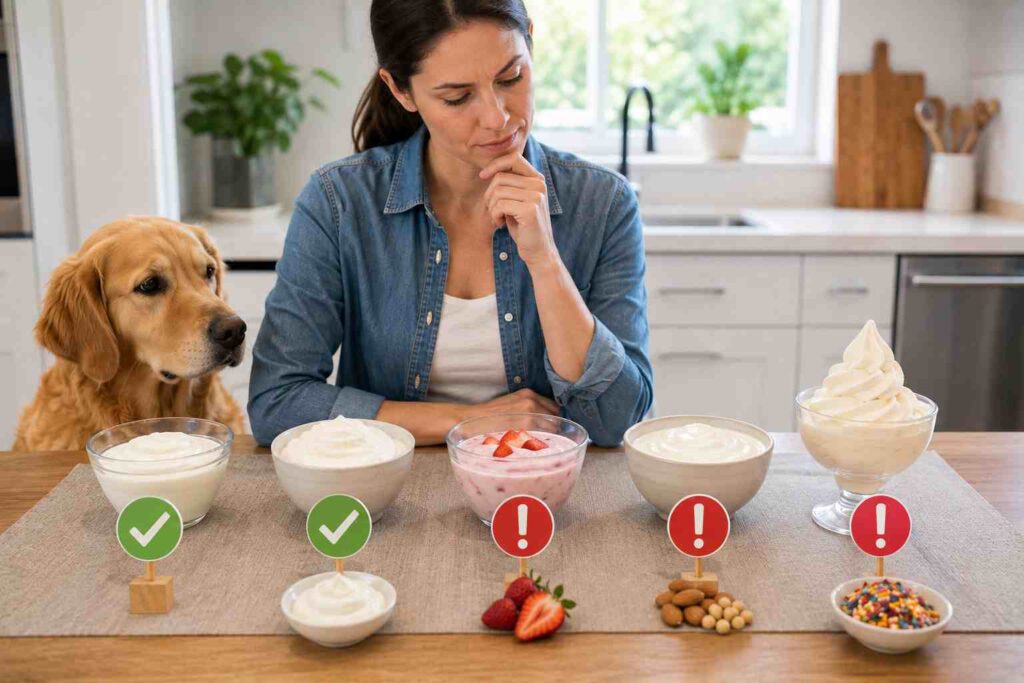 Different types of yogurt being compared to find a suitable option for a dog