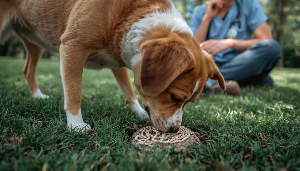 Dog stool with visible white worms on grass while owner looks concerned