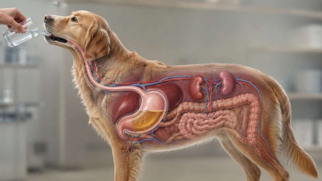 Veterinary anatomical illustration showing a dog's stomach, kidneys, and normal body pH regulation