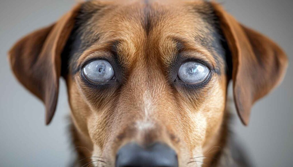 Close-up of a dog with visibly cloudy eyes looking toward the camera