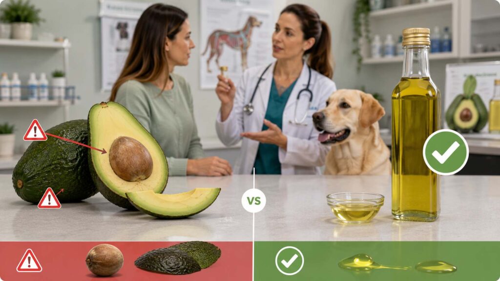 Is avocado oil good for dogs? Veterinary comparison showing the difference between whole avocado and food-grade avocado oil.