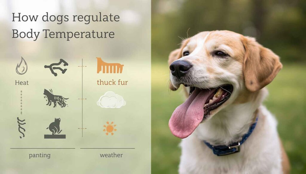 Dog panting in warm weather with educational graphics explaining canine heat regulation