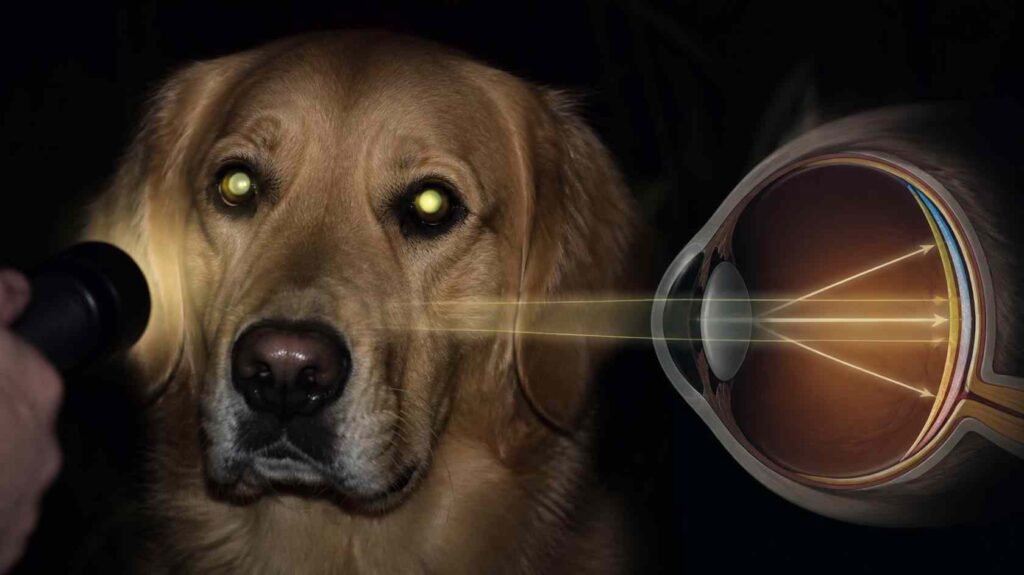 Close-up of a dog's glowing eyes showing light reflecting from the tapetum lucidum during nighttime.
