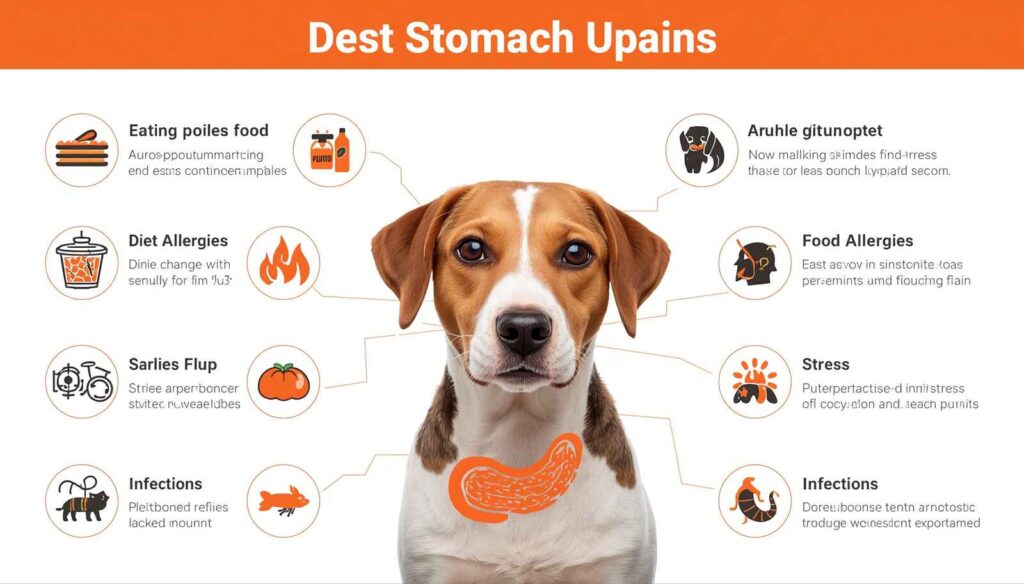 Dog surrounded by common causes of stomach upset including diet changes and parasites
