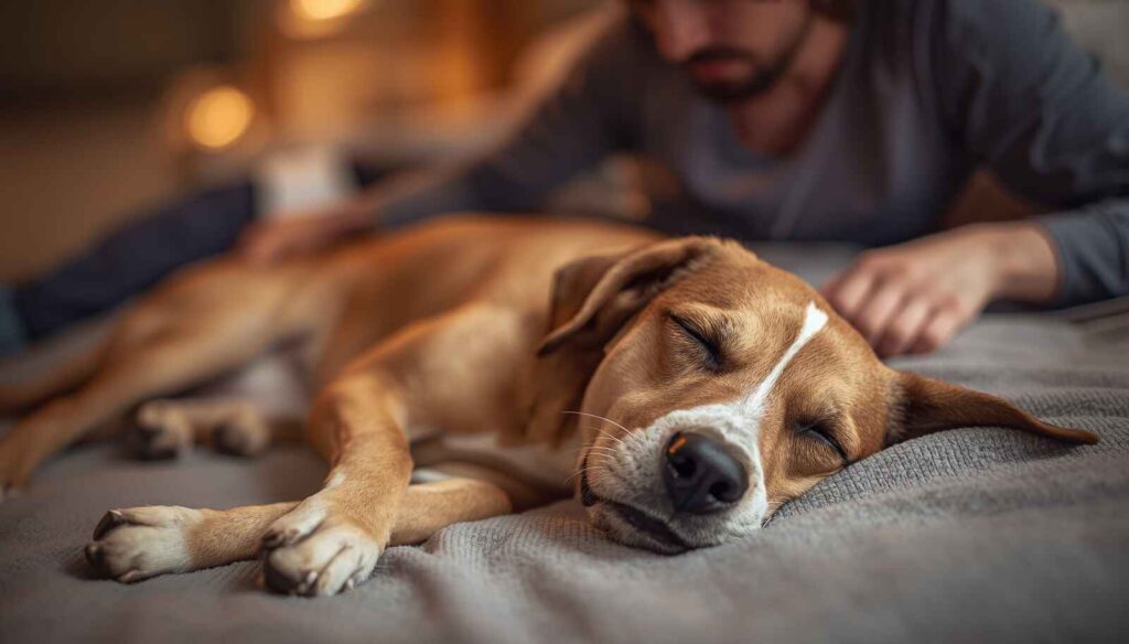 Dog sleeping peacefully on a bed while gently snoring in a home environment