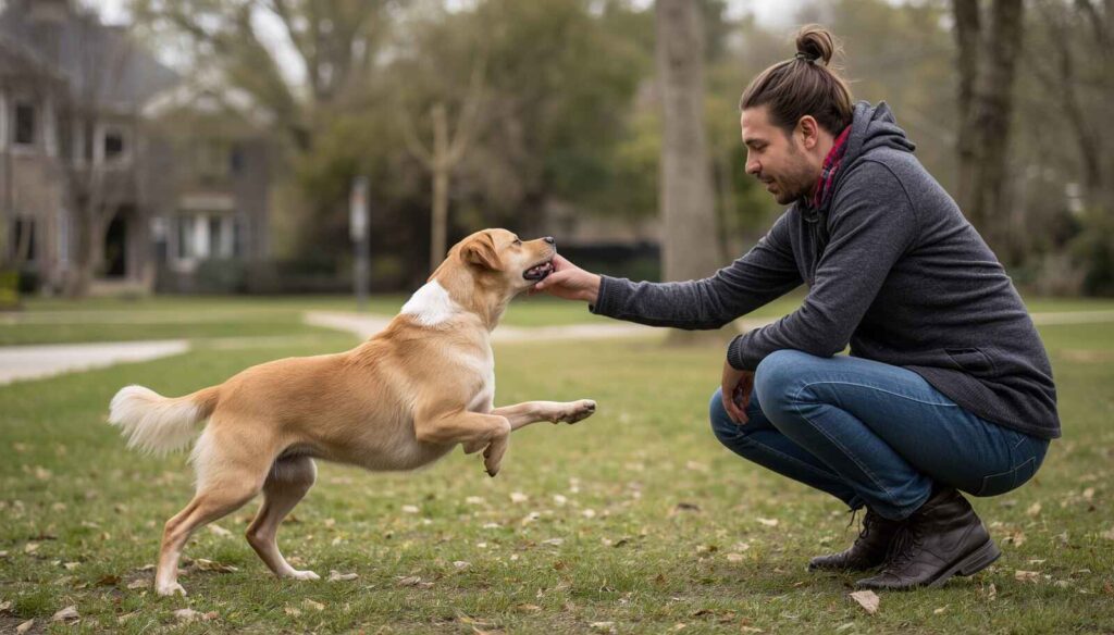 Dog ignoring its owner's command while distracted by outdoor surroundings in a park