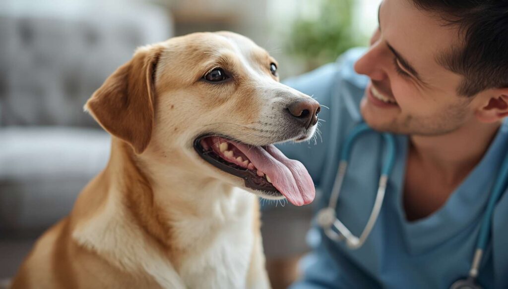Happy dog sitting with its tongue slightly sticking out while relaxing with its owner