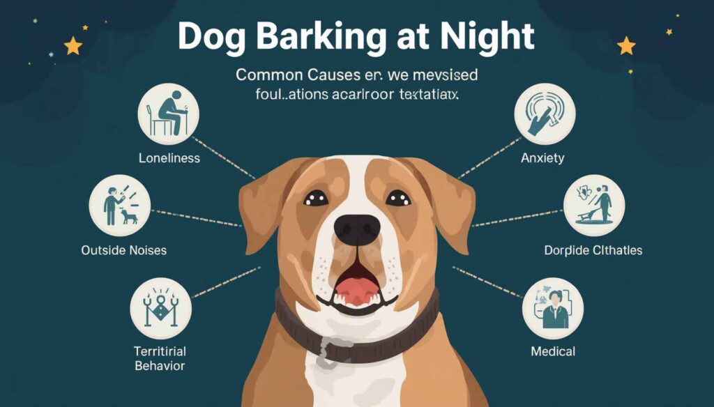 Educational infographic showing common reasons dogs bark at night including anxiety boredom noise and loneliness