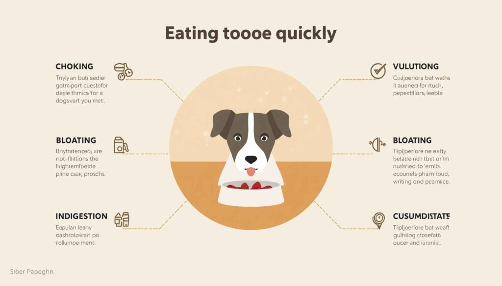 Educational infographic showing a dog eating too quickly and the risks of choking vomiting and bloating