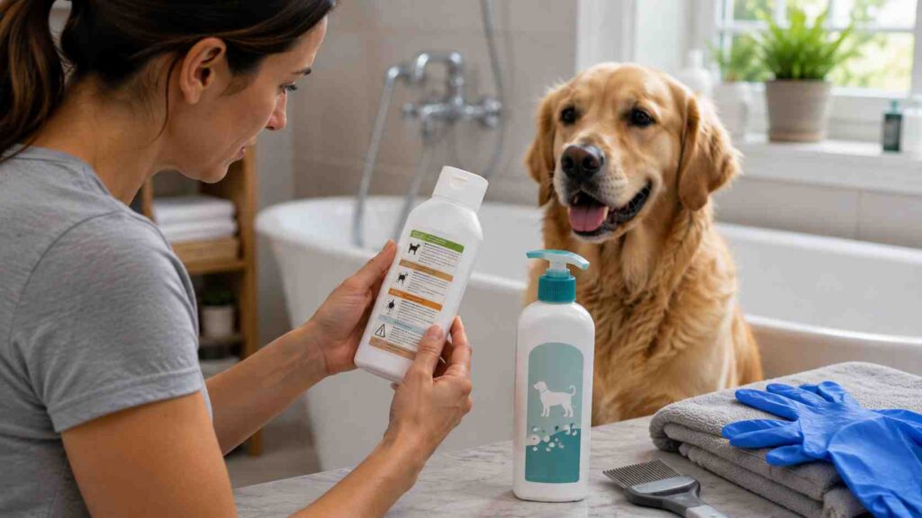 Dog owner checking the species and safety instructions on a flea and tick shampoo bottle.