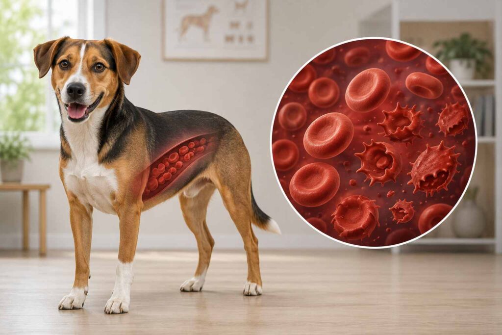 Dog with veterinary illustration comparing healthy and oxidatively damaged red blood cells.