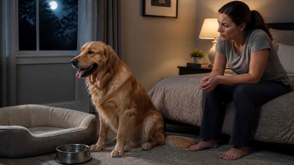 Dog panting beside its bed at night while a concerned owner watches nearby.