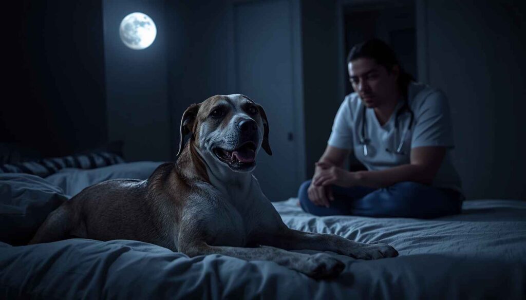 Dog lying awake and panting at night while the owner watches with concern