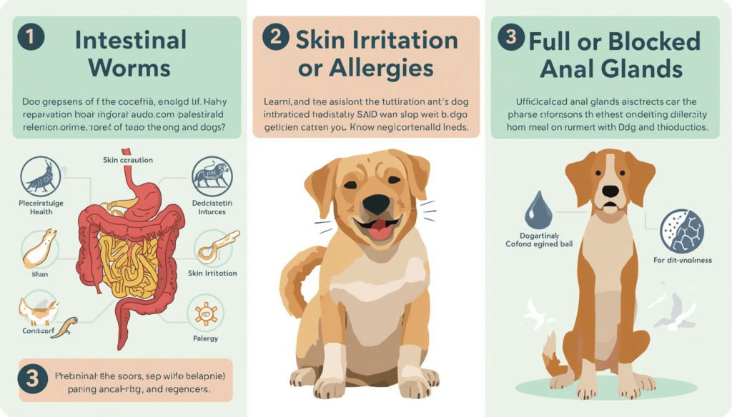 Veterinary infographic showing intestinal worms skin irritation allergies and blocked anal glands as causes of dog scooting