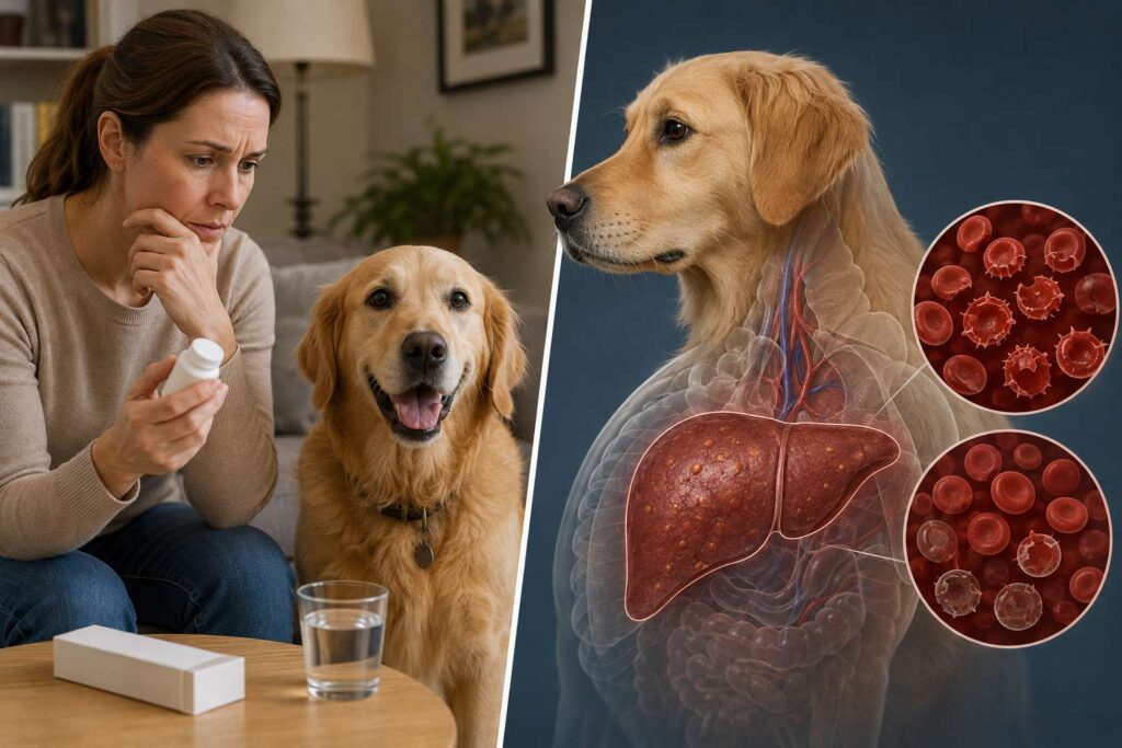 Can dogs eat paracetamol safely if they look normal after exposure, veterinary illustration showing liver and red blood cells