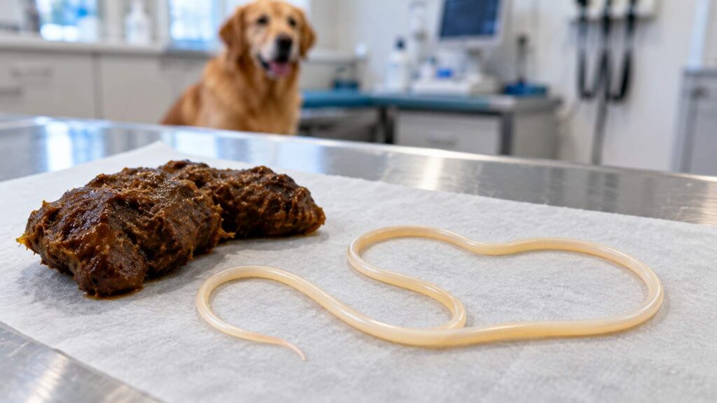 White worms in dog poop resembling long, pale spaghetti-like roundworms beside a stool sample.