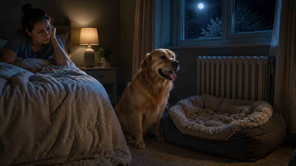 Dog panting in a warm bedroom at night with thick bedding and limited ventilation.