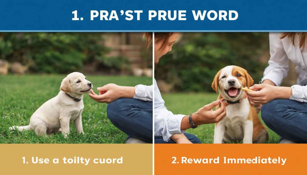 Puppy responding to a potty cue word and receiving an immediate reward after peeing outside
