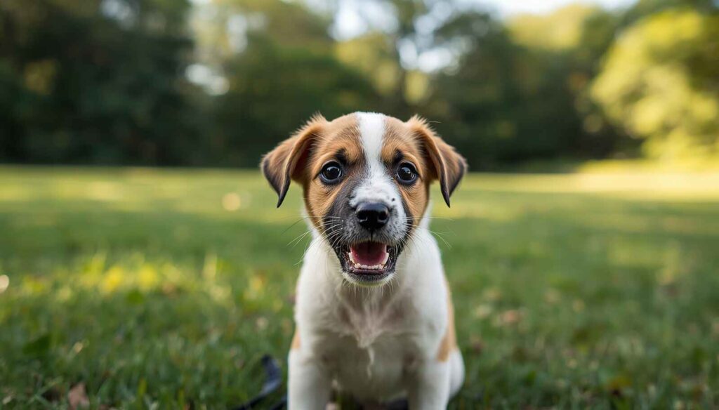 Puppy outdoors distracted by sounds smells and environmental distractions during potty training
