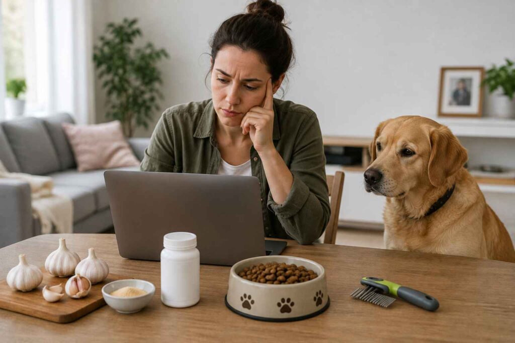 Dog owner comparing fresh garlic, a supplement, commercial dog food, and flea-care products.