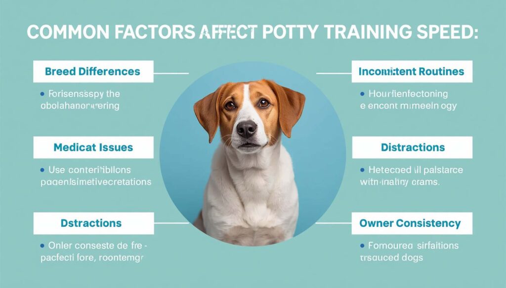 Educational image showing factors that affect puppy potty training including breed routine and distractions
