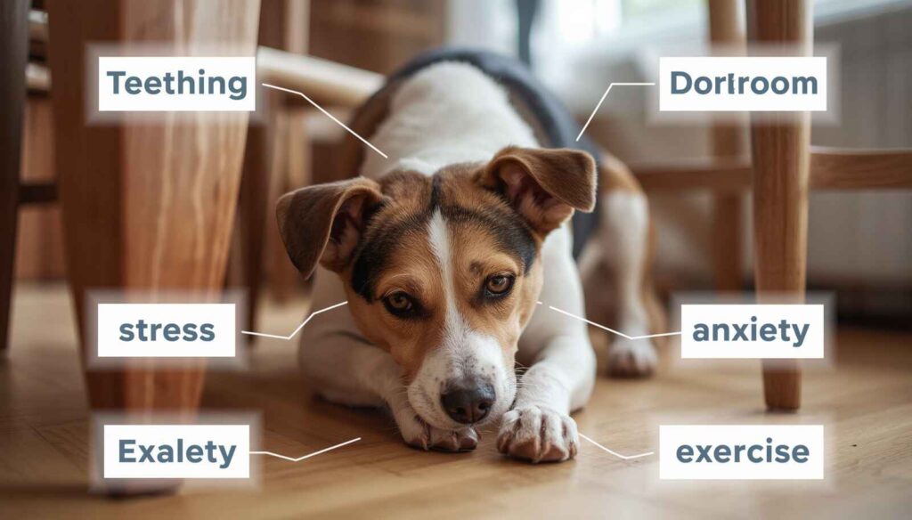Educational image showing common reasons dogs chew furniture including boredom teething stress and anxiety