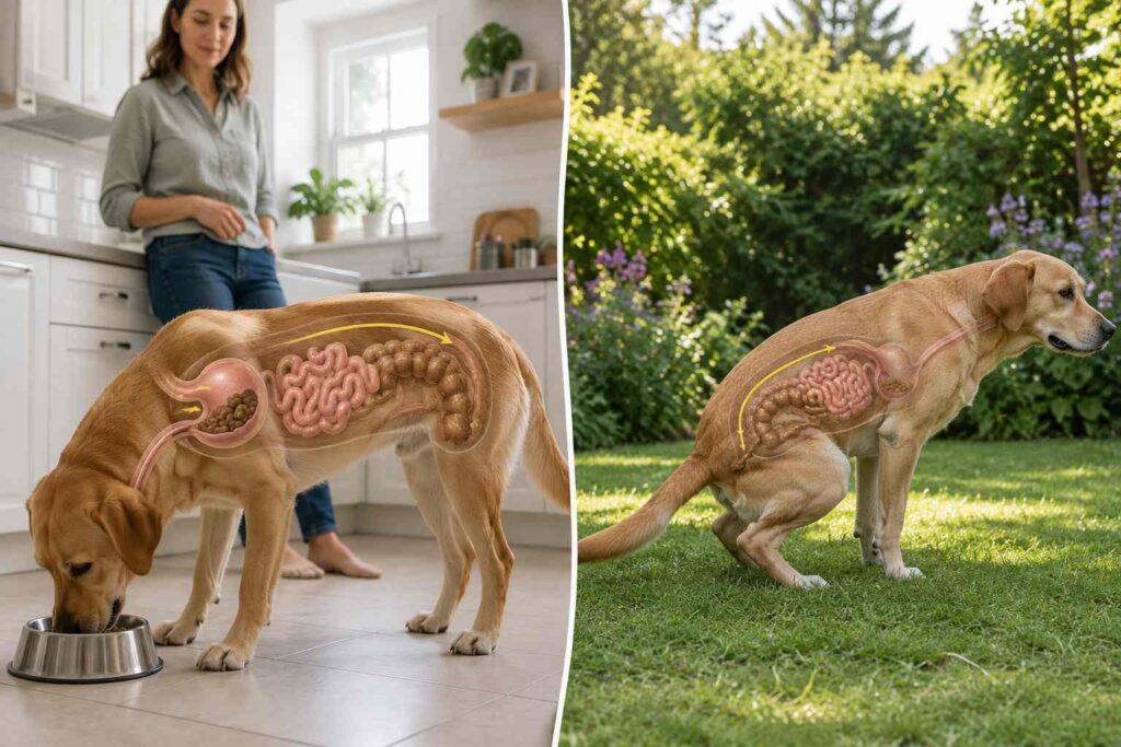 How long does it take a dog to digest food? A post-meal bowel movement usually involves material already farther along in the digestive tract.