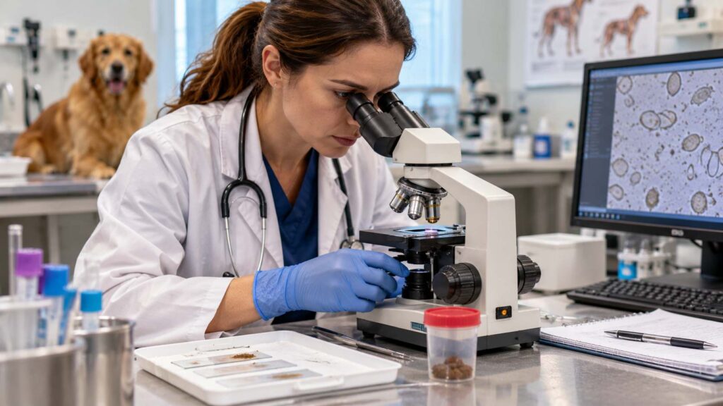 Veterinarian examining a prepared dog fecal sample under a microscope in a veterinary laboratory.