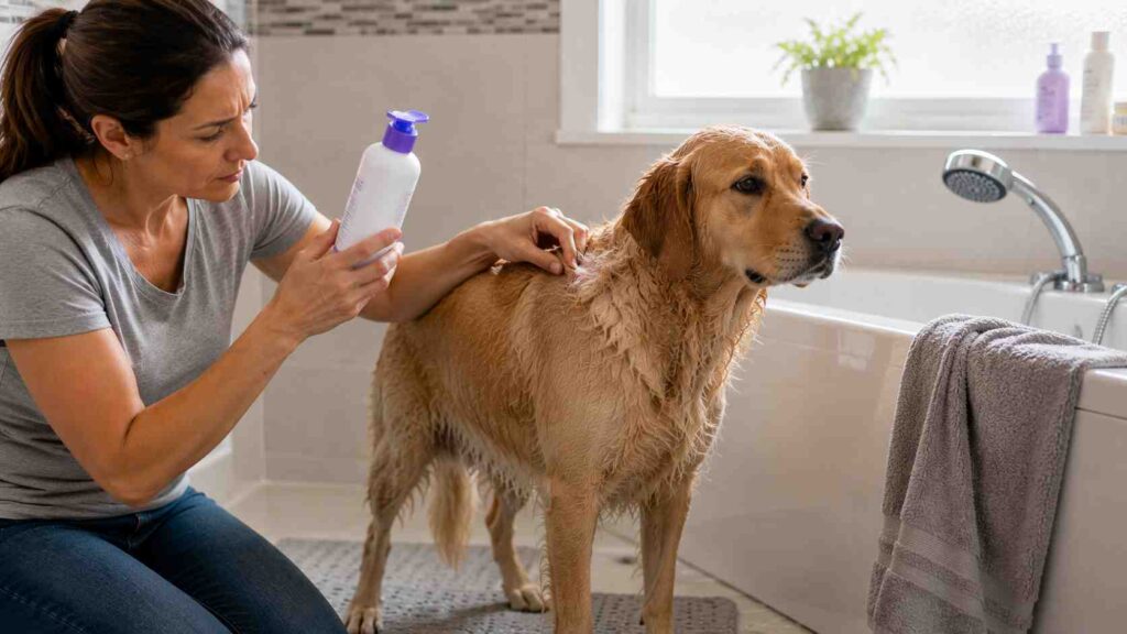 Can I use cat shampoo on my dog? Owner checks the shampoo bottle and monitors the dog after one accidental use.