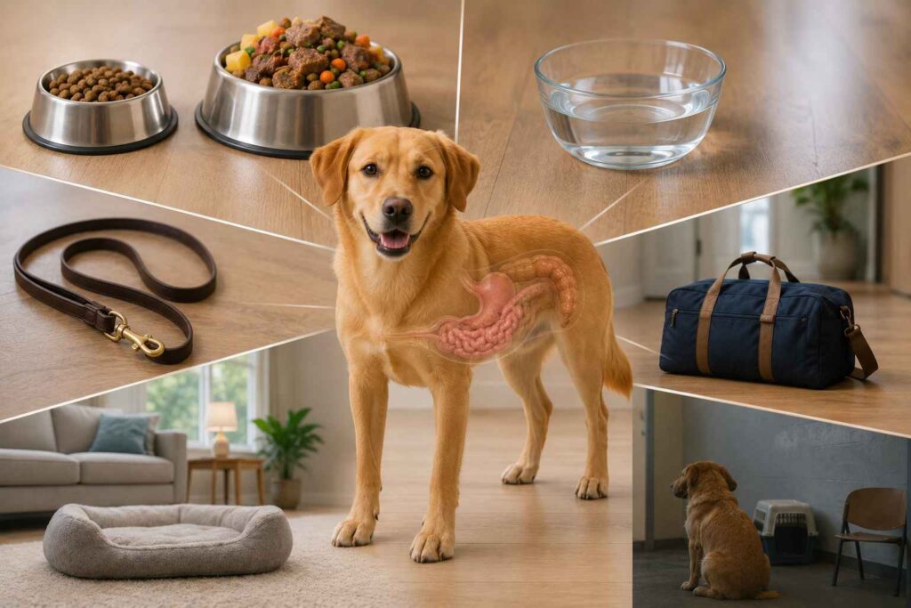 Dog surrounded by meal size, hydration, activity, stress, and routine factors that can influence digestive timing.