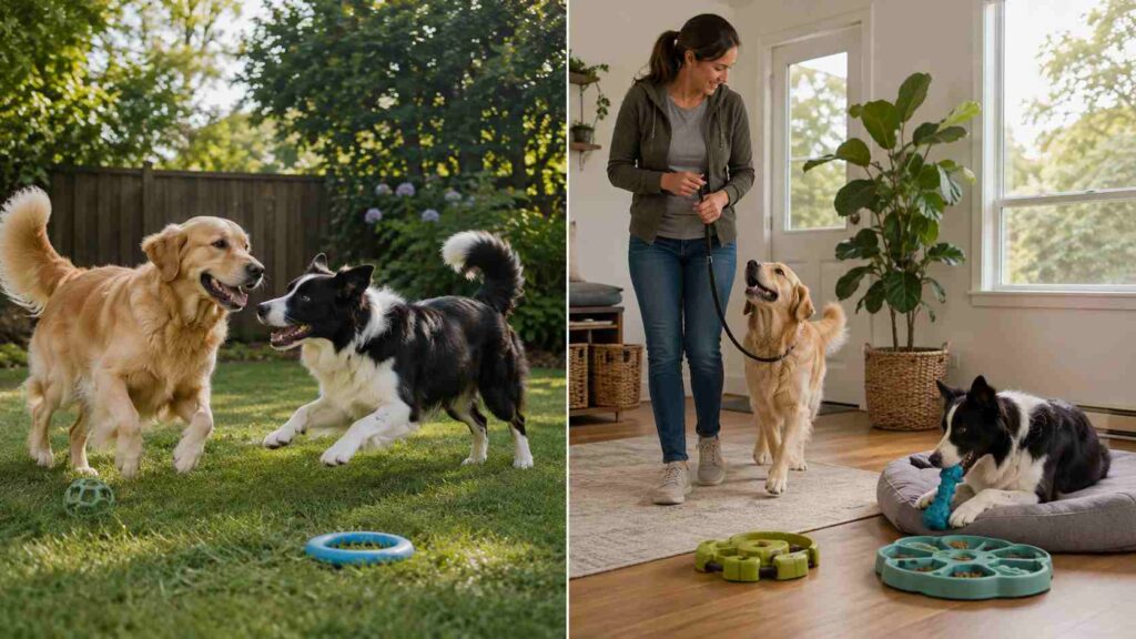 Two dogs playing together while their owner also provides individual walking, training, and enrichment.