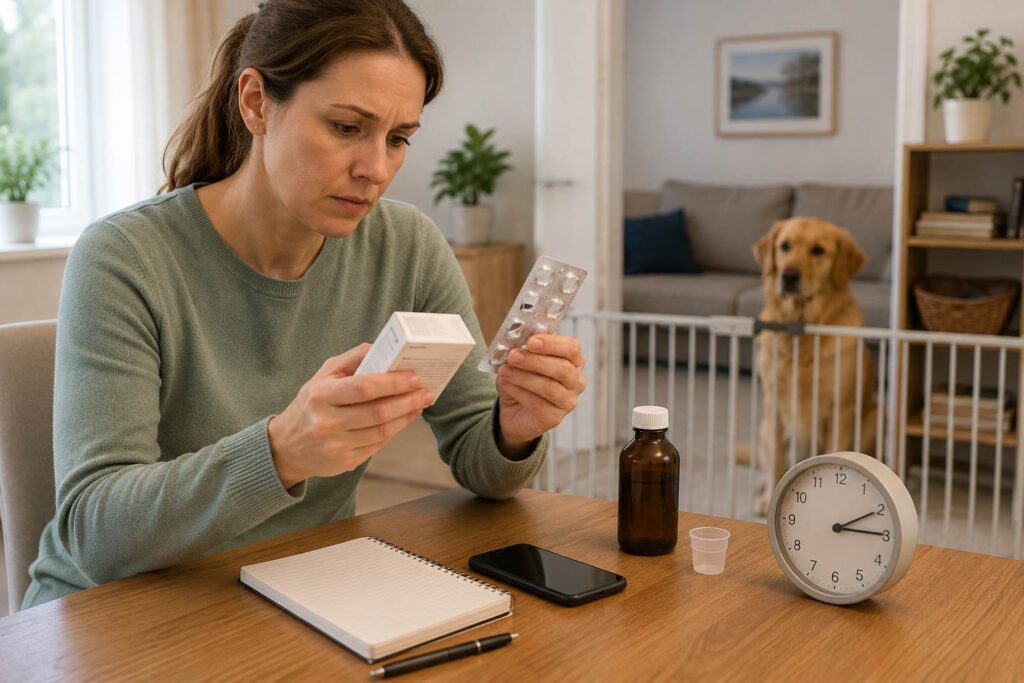 Dog owner checking medicine packaging and timing after a possible medication exposure