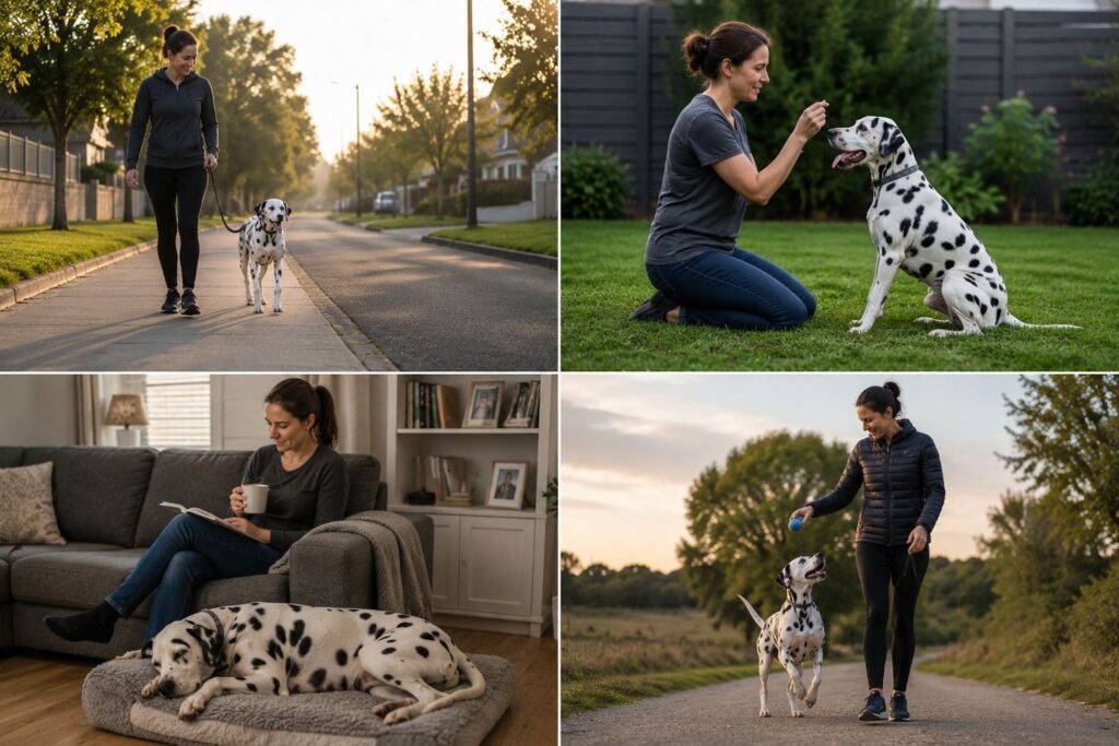 Adult Dalmatian enjoying a balanced daily routine with walking, training, rest, and owner interaction