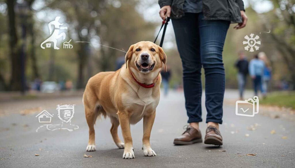 Dog owner practicing obedience training in a busy outdoor environment with multiple distractions