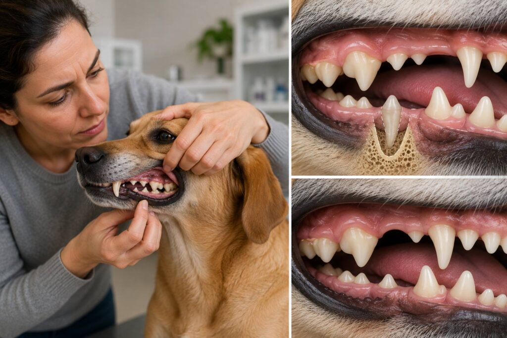 Dog owner checking an adult dog's mouth with a missing-looking tooth and a tooth hidden beneath the gum