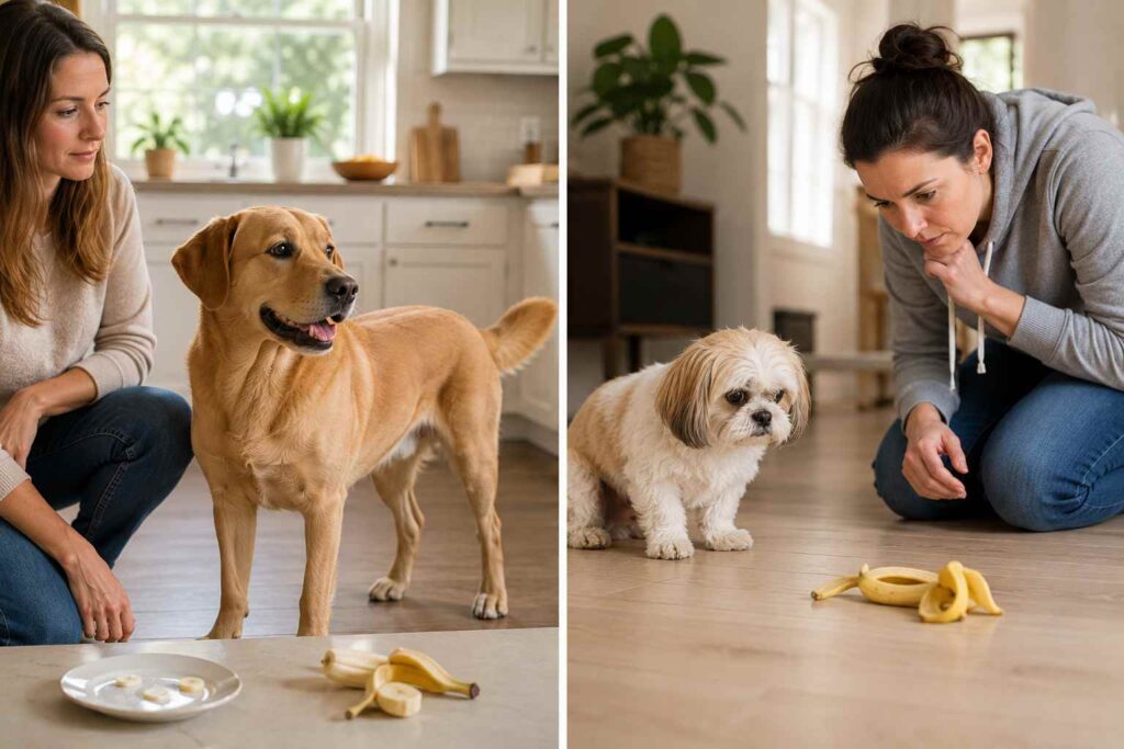 Dog owner assessing how much banana and peel their dog may have eaten