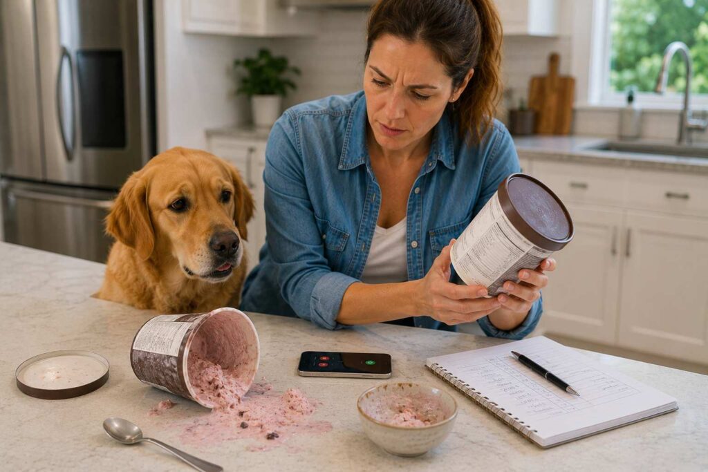 Can dogs eat ice cream safely? An owner checks the ingredients and amount eaten while monitoring their dog after accidental ingestion.