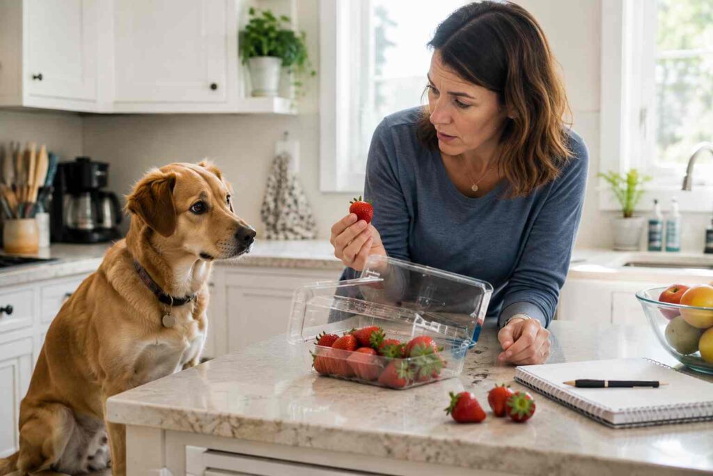Dog owner checking how many strawberries their dog may have eaten