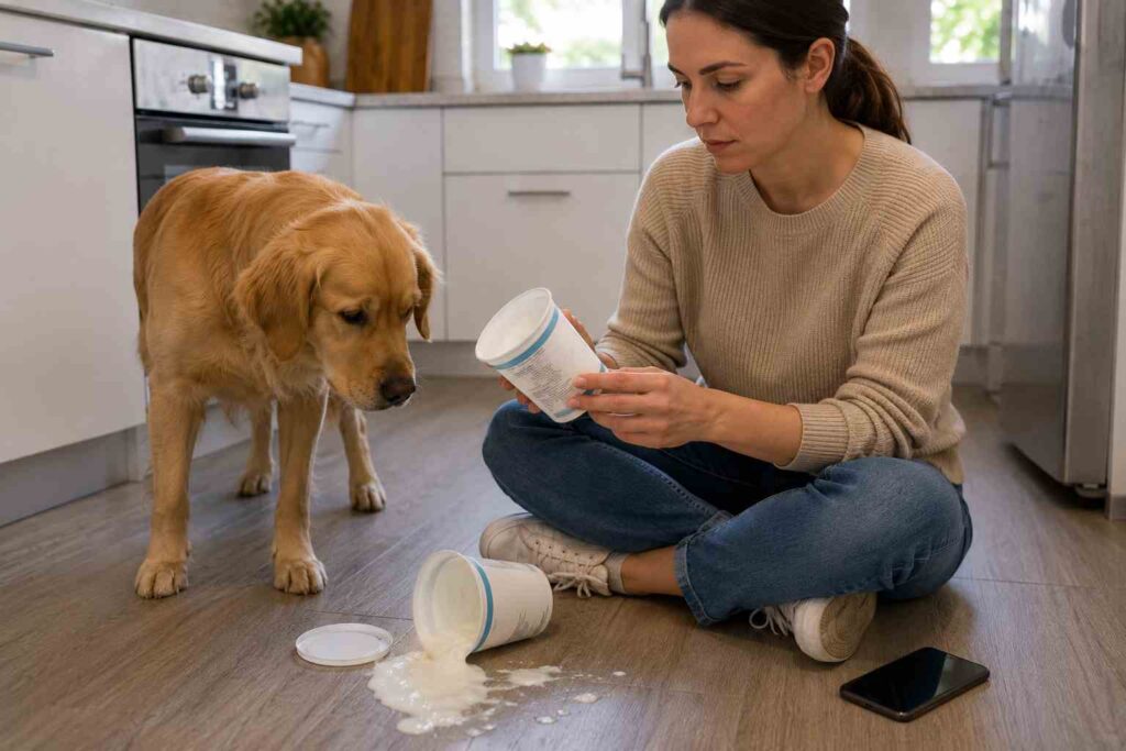 Can dogs eat yogurt safely after getting into a container? An owner checks the ingredient label