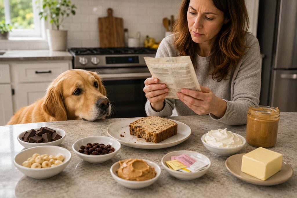 Dog owner checking banana bread ingredients for foods that may be unsafe for dogs