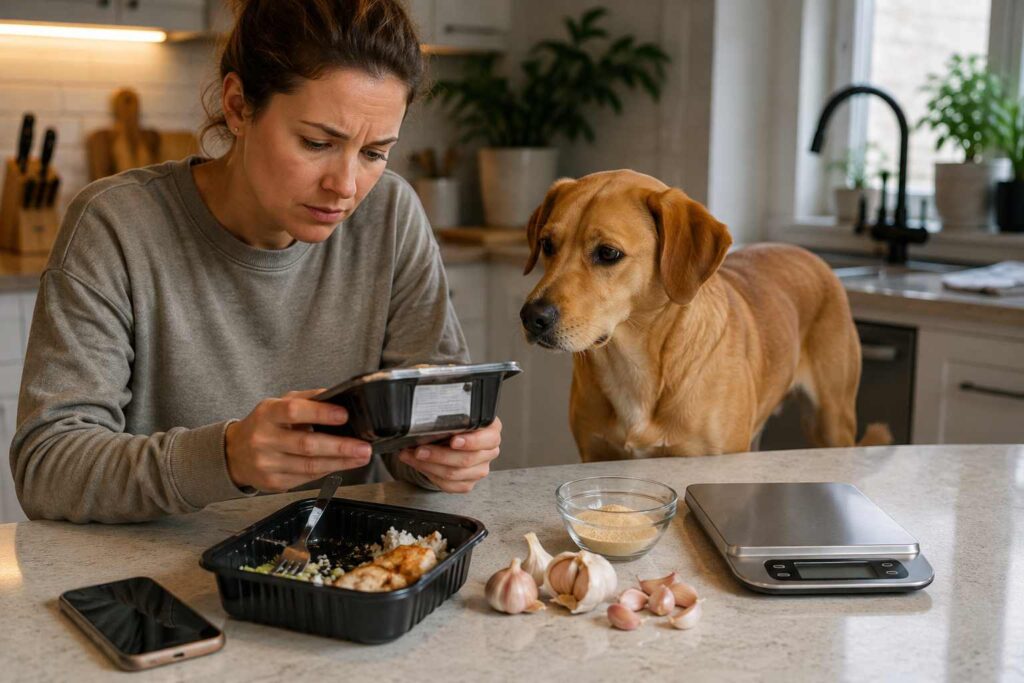 Dog owner checking a food label after a dog may have eaten garlic.