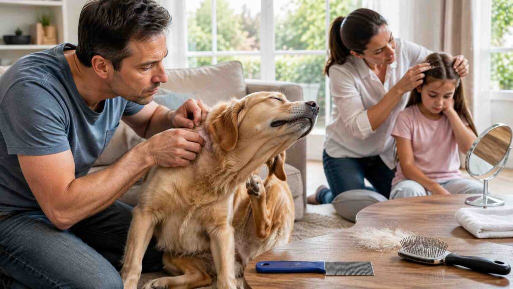 Can Dogs Get Lice From Humans? An owner checks an itchy dog's coat for parasites during a household lice outbreak.