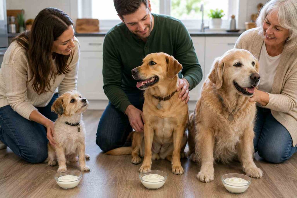 Dogs of different sizes and ages showing why dairy tolerance varies between individual dogs