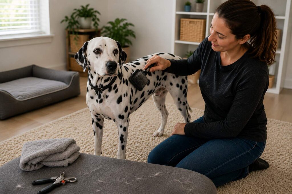Relaxed Dalmatian being brushed at home with short loose hairs visible on the grooming brush