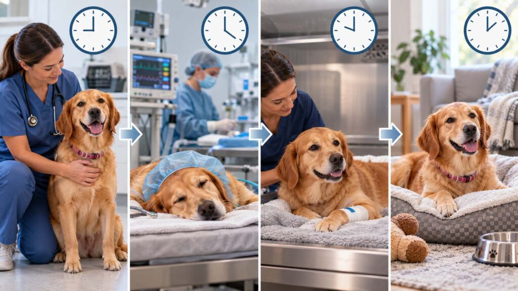 Four stages of a female dog's spay journey from veterinary preparation to home recovery